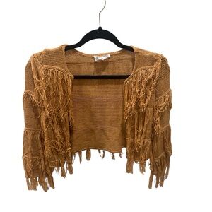 Joyfolie Fringe Knit Open Cardigan in Camel-Tan